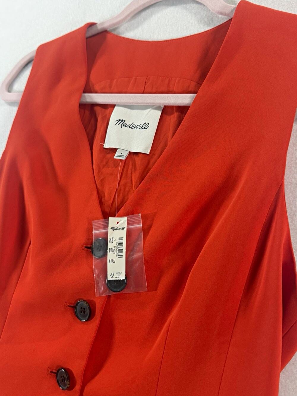 Madewell Orange Tailored V Button Front Suit Vest Size 6